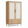 Armoire moderne à 2 portes et 2 tiroirs, chêne naturel, blanc et laiton, 100 × 55 × 180 cm