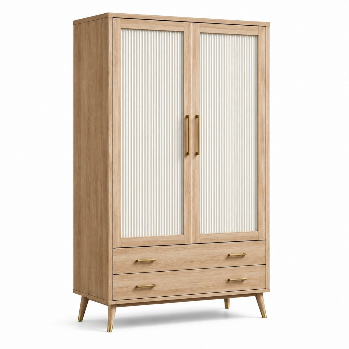 Armoire moderne à 2 portes et 2 tiroirs, chêne naturel, blanc et laiton, 100 × 55 × 180 cm