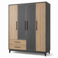Armoire-penderie contemporaine à 4 portes et 2 tiroirs, chêne naturel et noir, 180 × 55 × 210 cm