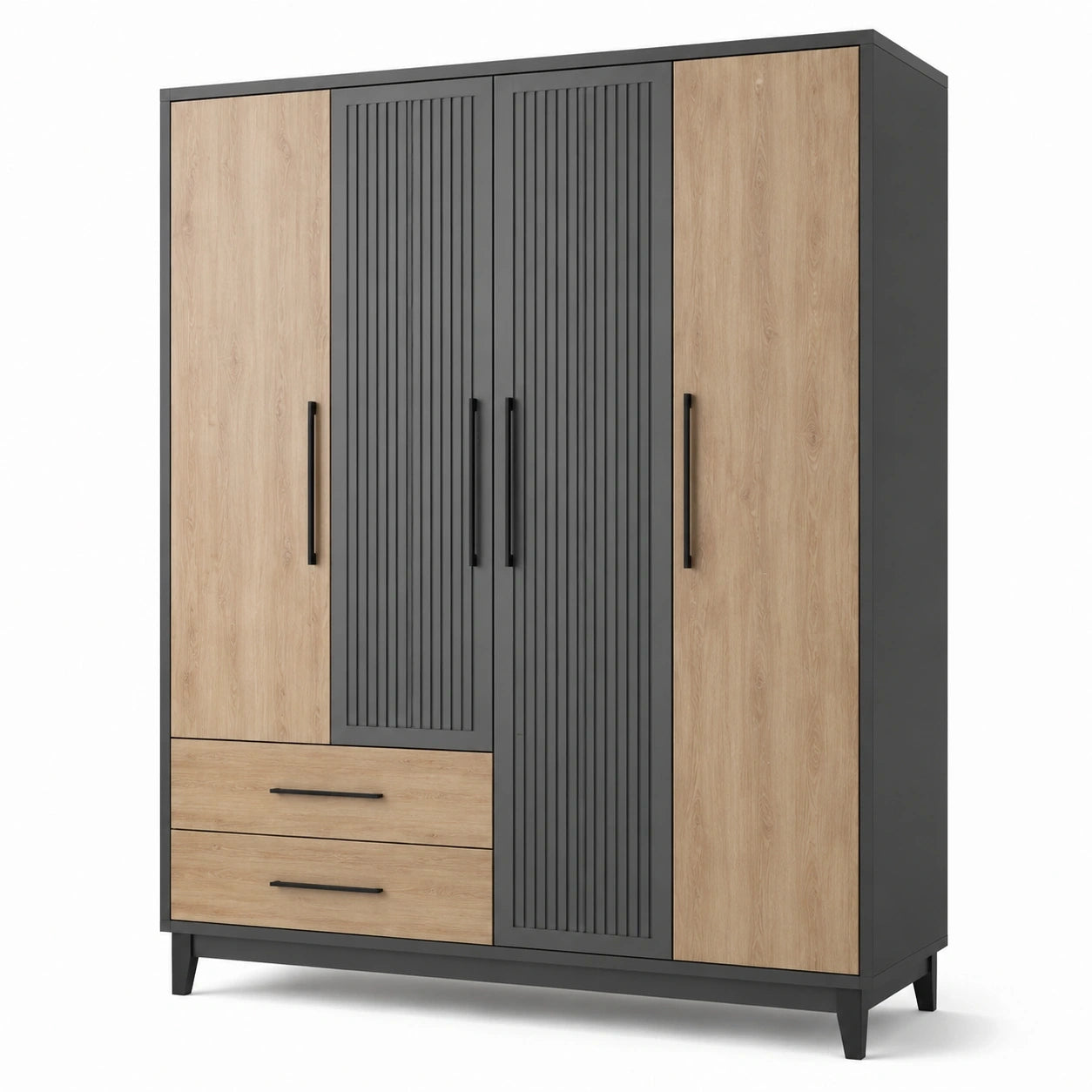 Armoire-penderie contemporaine à 4 portes et 2 tiroirs, chêne naturel et noir, 180 × 55 × 210 cm