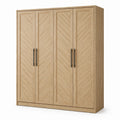 Armoire 4 portes effet chêne naturel à chevrons avec poignées noires, 200 × 60 × 220 cm