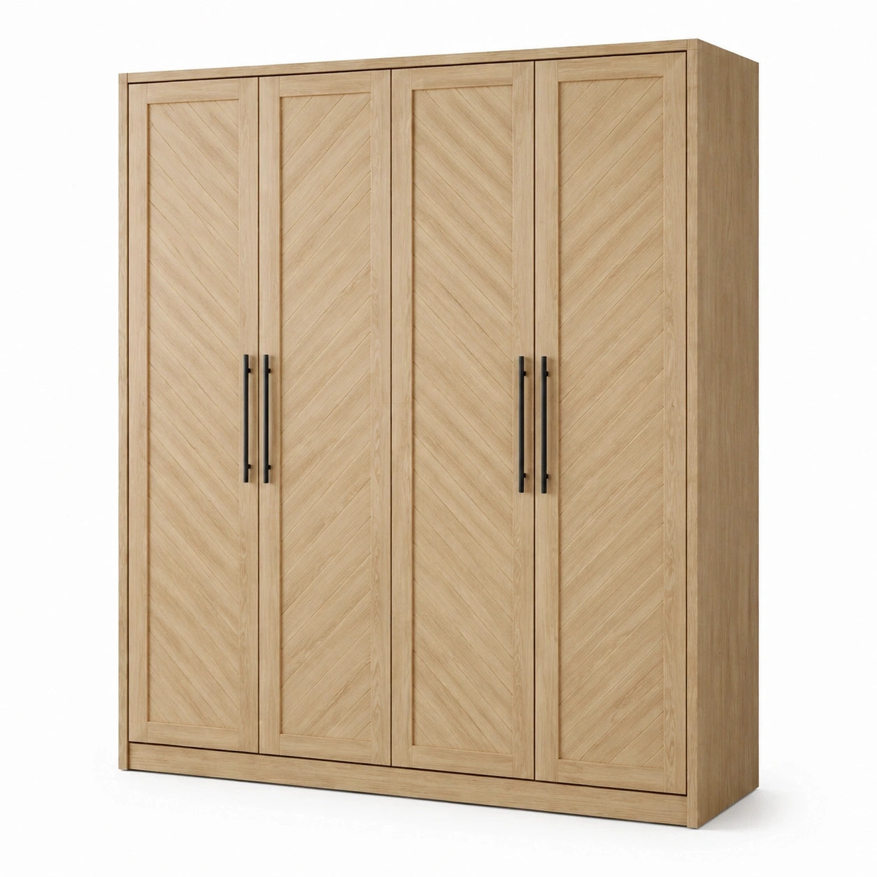 Armoire 4 portes effet chêne naturel à chevrons avec poignées noires, 200 × 60 × 220 cm