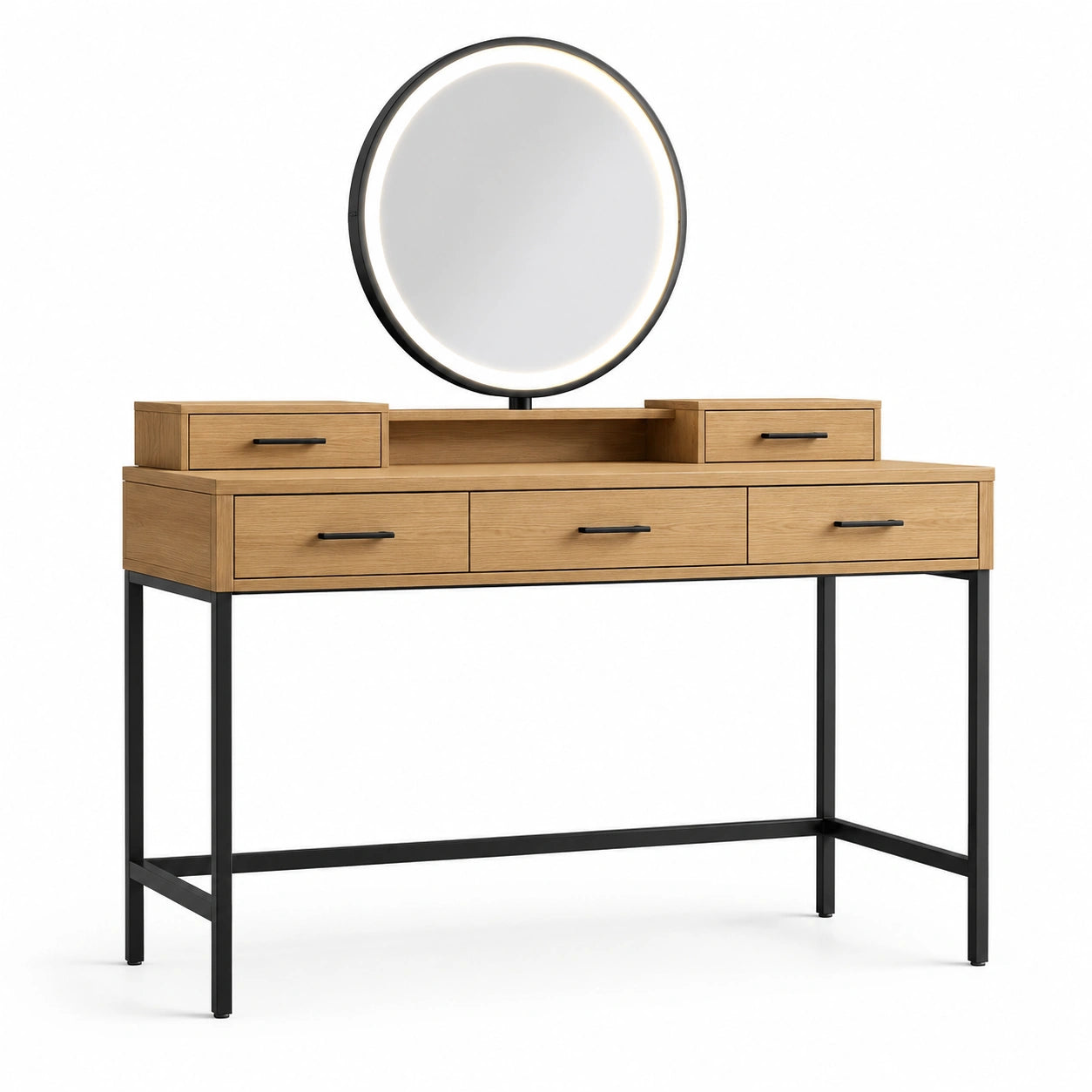 Coiffeuse avec miroir rond LED et 5 tiroirs, 120 × 40 × 140 cm, effet chêne clair et métal noir