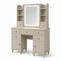 Coiffeuse beige et dorée avec miroir lumineux et rangements intégrés, 120 × 45 × 180 cm