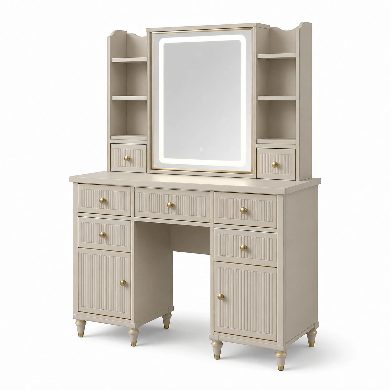 Coiffeuse beige et dorée avec miroir lumineux et rangements intégrés, 120 × 45 × 180 cm