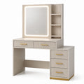 Coiffeuse moderne beige et dorée 120 × 40 × 140 cm avec miroir lumineux tactile, 5 tiroirs et 3 niches