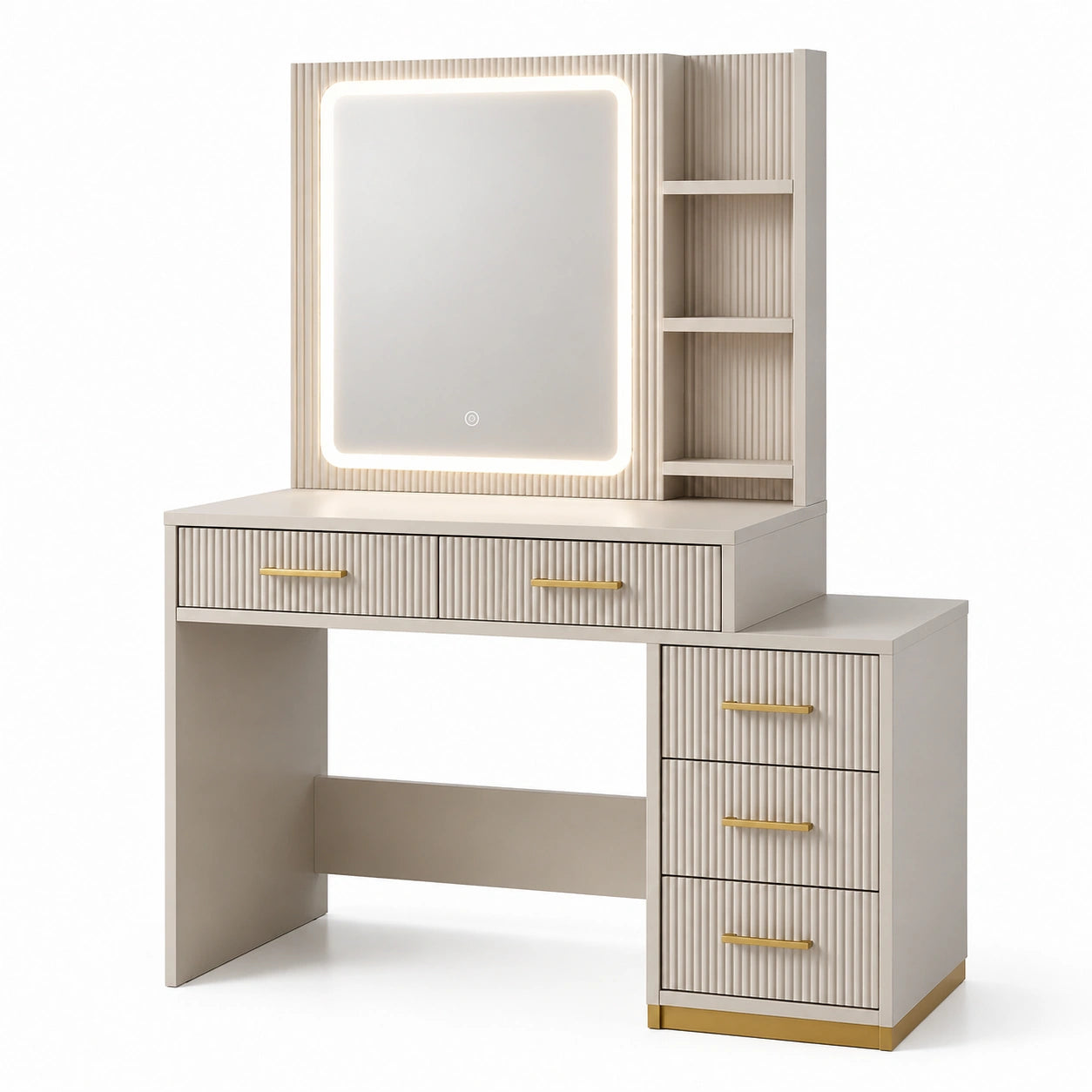 Coiffeuse moderne beige et dorée 120 × 40 × 140 cm avec miroir lumineux tactile, 5 tiroirs et 3 niches