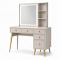Coiffeuse avec miroir éclairé, 5 tiroirs et 3 niches, blanc cassé et doré, 100 × 40 × 140 cm