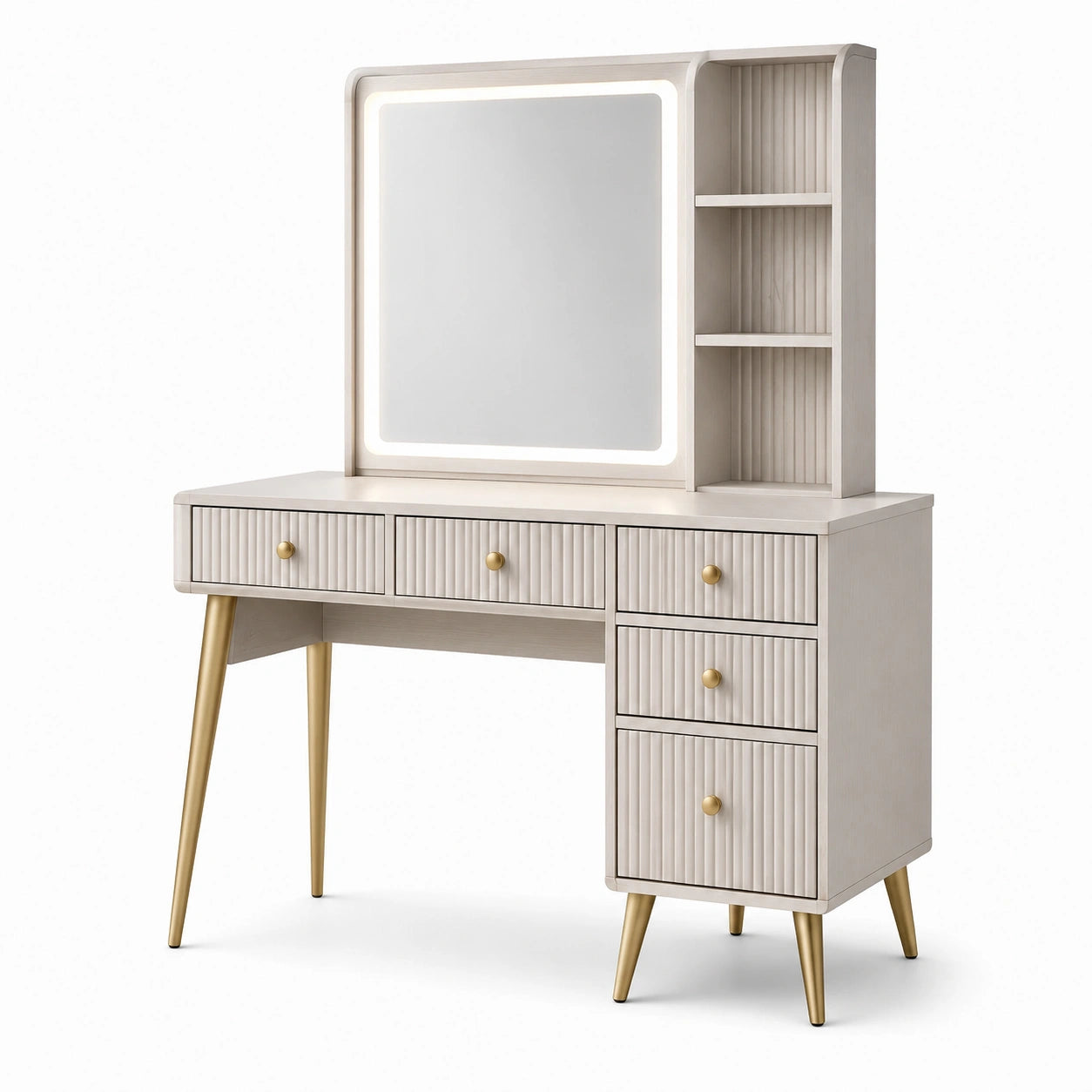 Coiffeuse avec miroir éclairé, 5 tiroirs et 3 niches, blanc cassé et doré, 100 × 40 × 140 cm