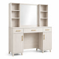 Coiffeuse avec grand miroir, 3 tiroirs, 2 placards et 6 niches, blanc cassé et doré, 120 × 40 × 160 cm