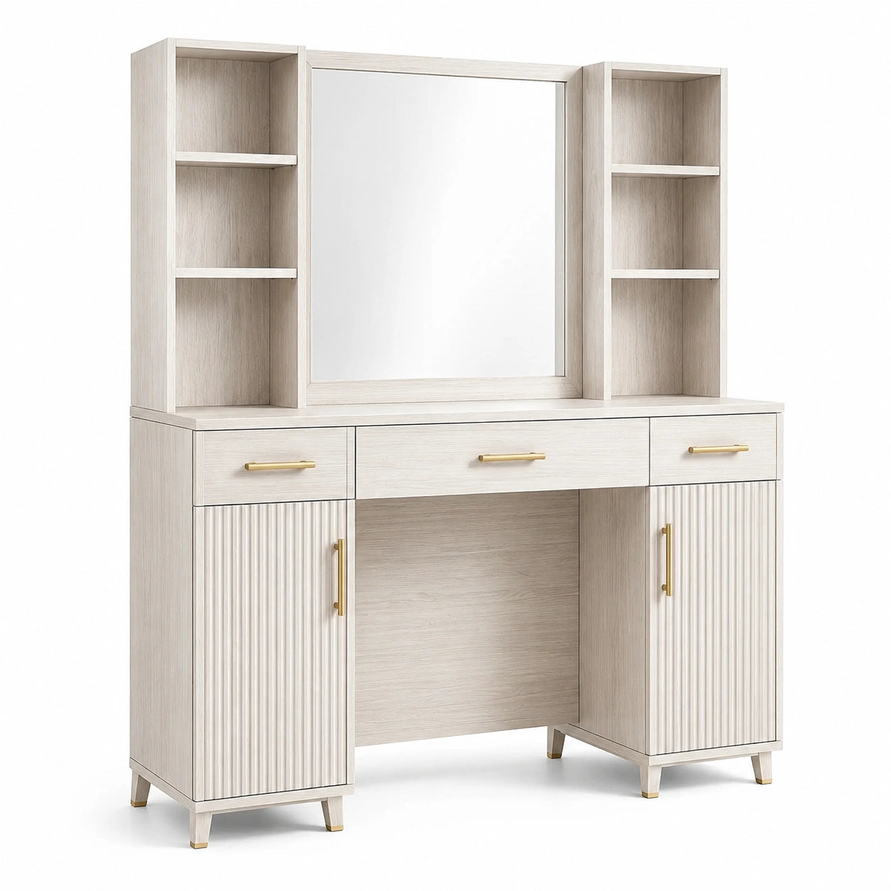 Coiffeuse avec grand miroir, 3 tiroirs, 2 placards et 6 niches, blanc cassé et doré, 120 × 40 × 160 cm