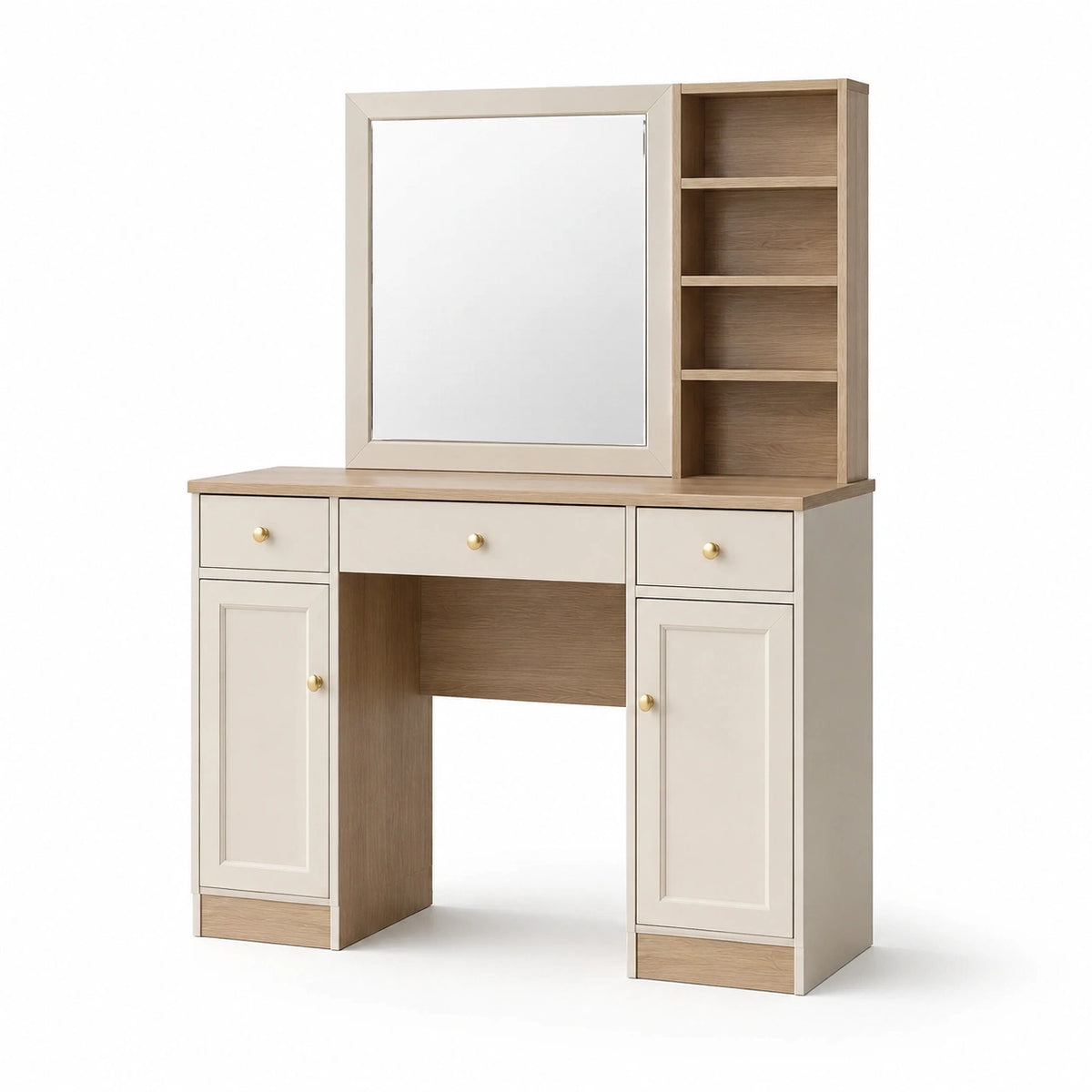 Coiffeuse contemporaine avec miroir et rangements, 120 × 45 × 155 cm, crème, chêne et doré