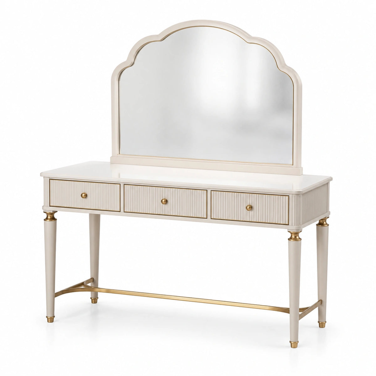 Coiffeuse beige et dorée avec miroir festonné, 3 tiroirs et façades rainurées, 120 × 45 × 145 cm