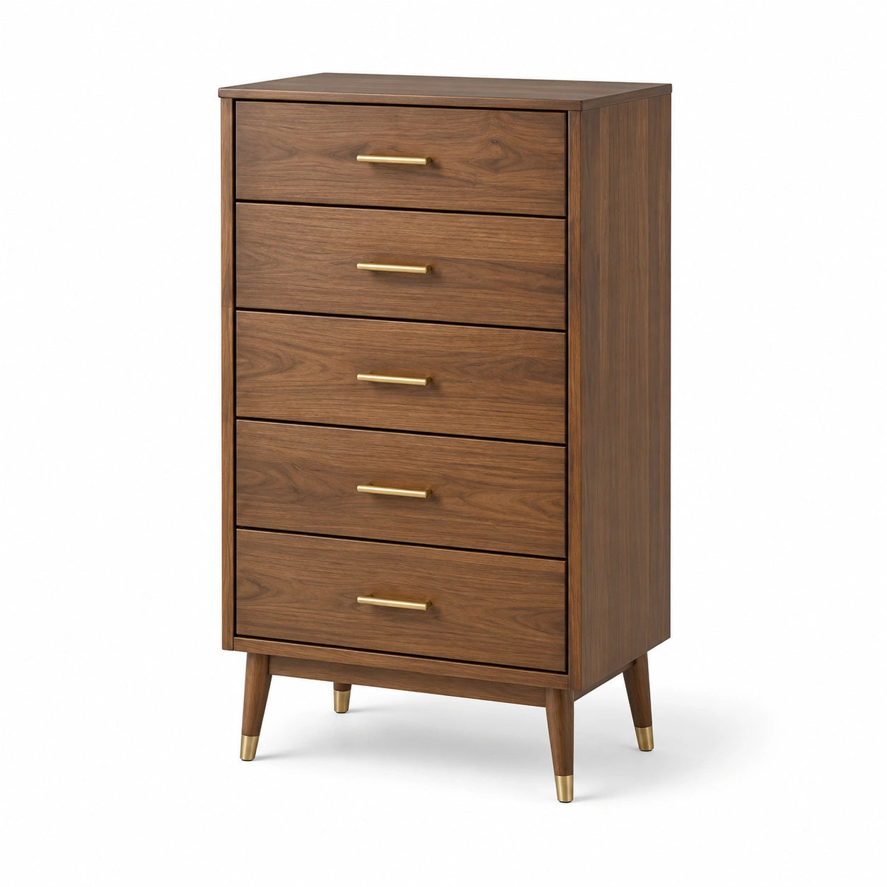 Commode haute à 5 tiroirs, 70 × 40 × 120 cm, brun noyer avec détails dorés, style rétro