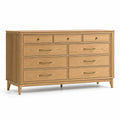 Commode 9 tiroirs en bois clair aspect chêne avec poignées dorées, 180 × 50 × 95 cm