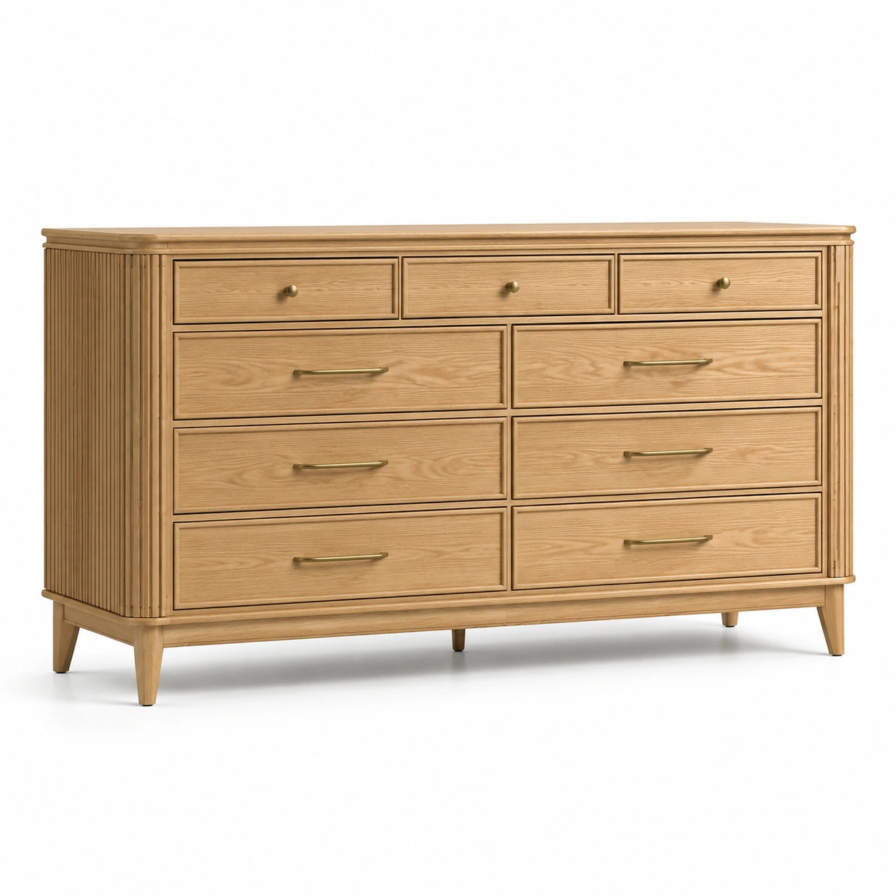 Commode 9 tiroirs en bois clair aspect chêne avec poignées dorées, 180 × 50 × 95 cm