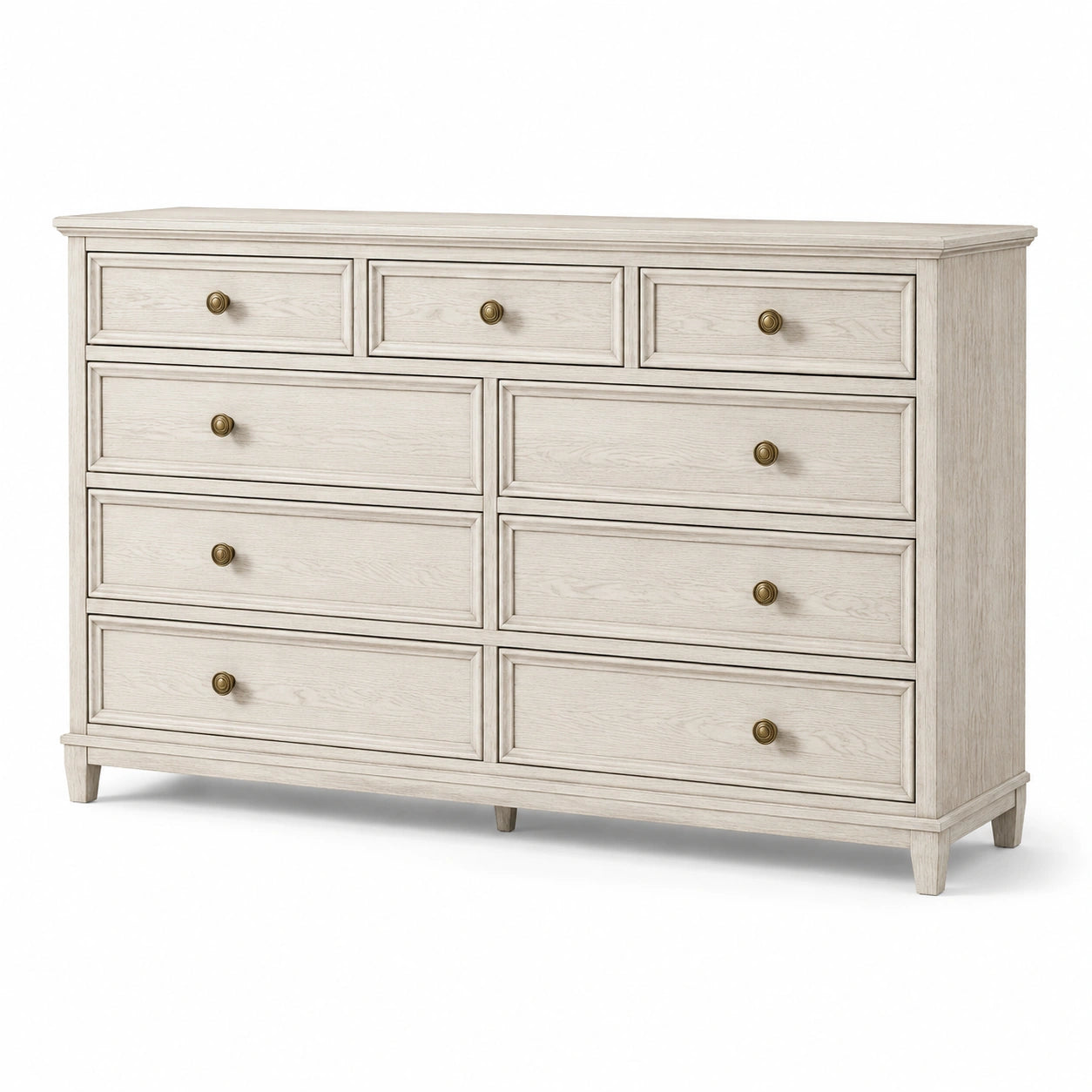 Commode à 9 tiroirs blanc cassé, 160 × 45 × 100 cm, poignées finition laiton
