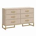 Commode moderne à 6 tiroirs, 120 × 40 × 80 cm, bois beige et métal doré, façades rainurées