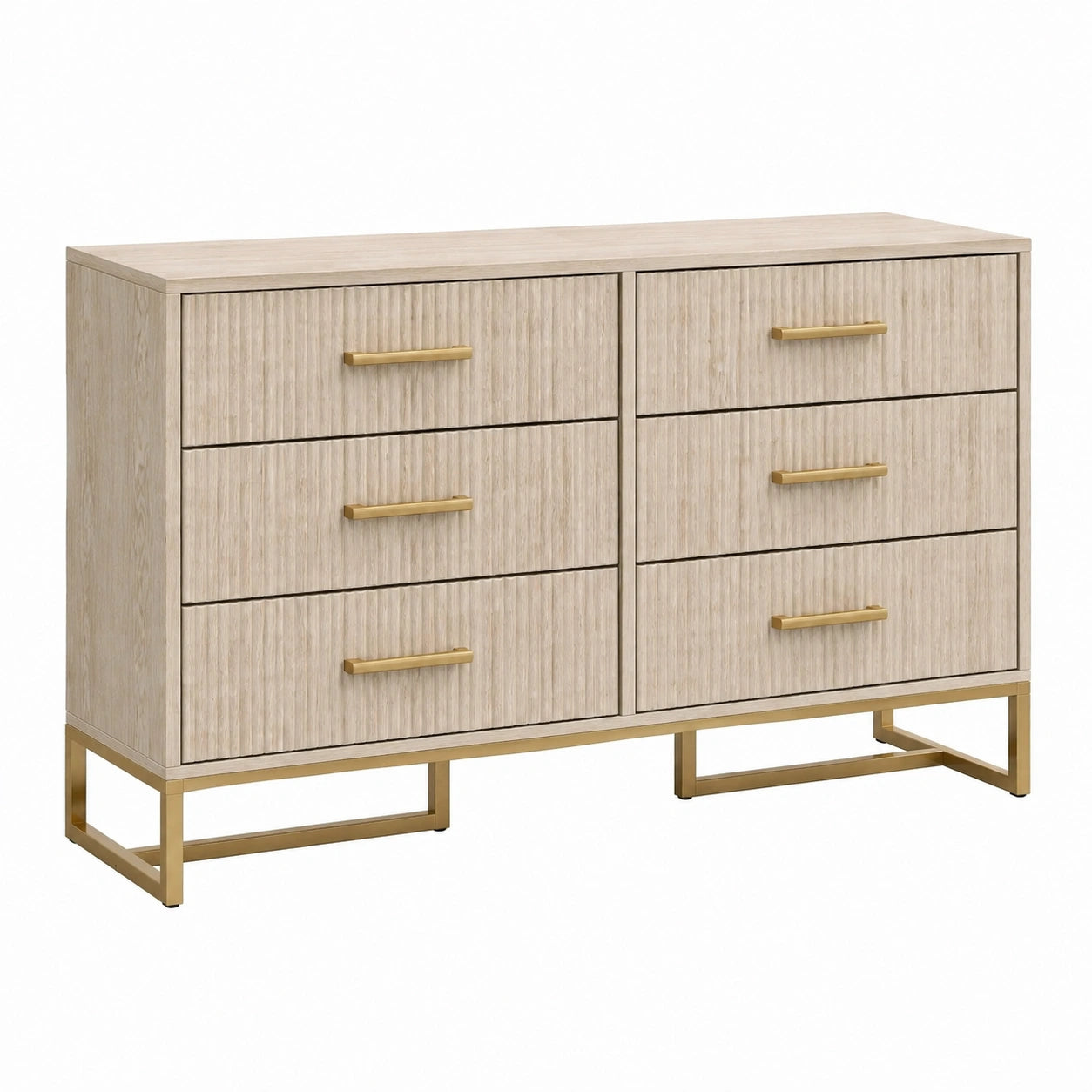 Commode moderne à 6 tiroirs, 120 × 40 × 80 cm, bois beige et métal doré, façades rainurées