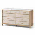 Commode contemporaine à 9 tiroirs, beige, doré et blanc, 160 × 45 × 90 cm