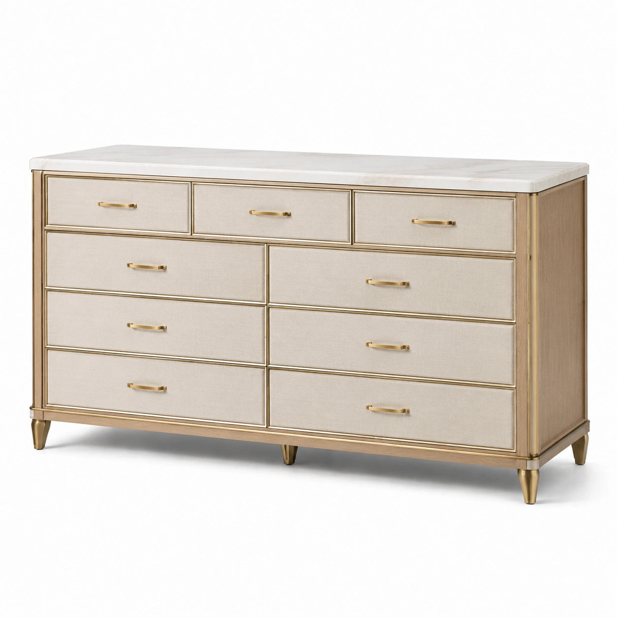 Commode contemporaine à 9 tiroirs, beige, doré et blanc, 160 × 45 × 90 cm