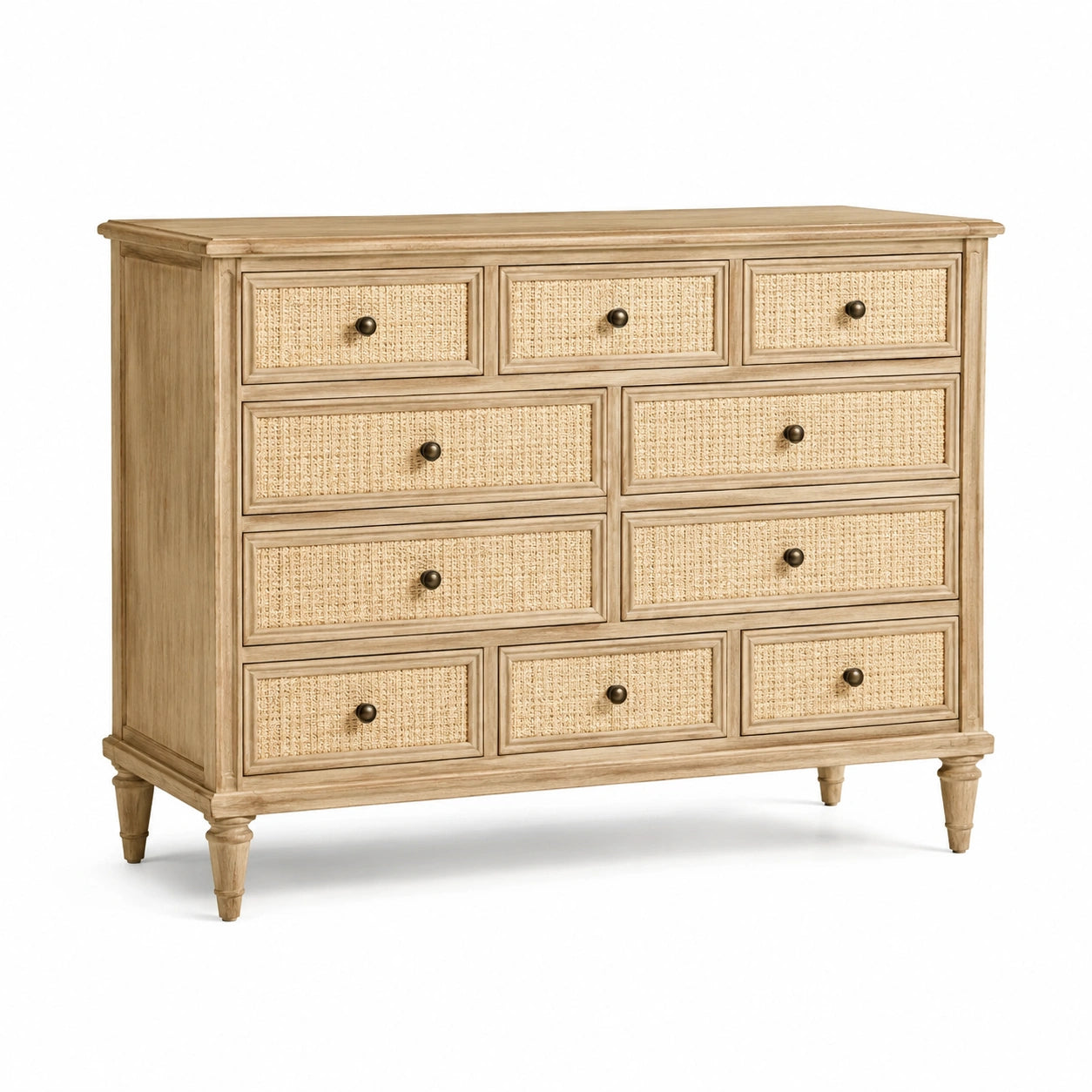 Commode à 10 tiroirs en bois naturel et cannage beige, 150 × 45 × 105 cm