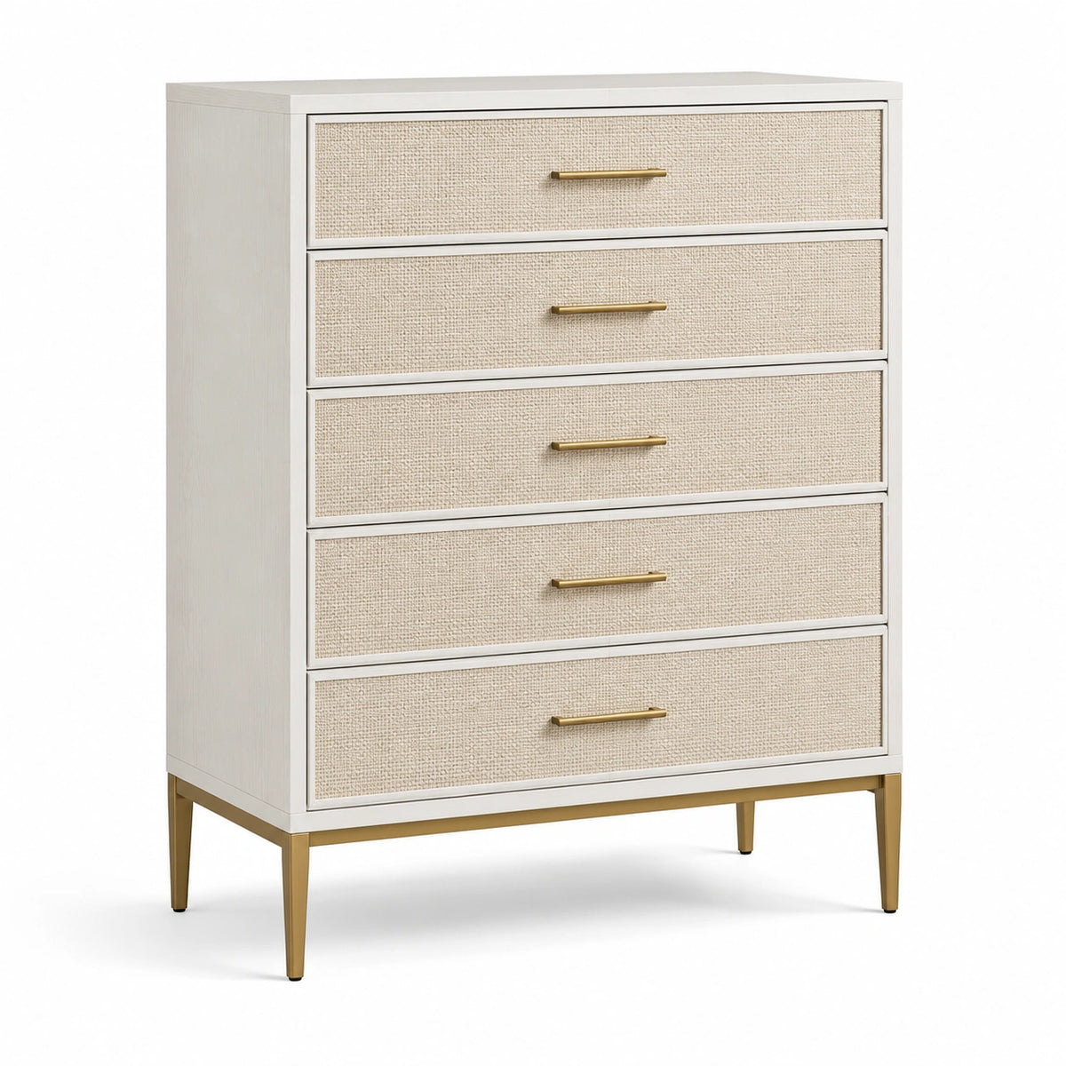 Commode haute à 5 tiroirs en bois blanc, façades tissées beiges et détails dorés, 86 × 41 × 119 cm