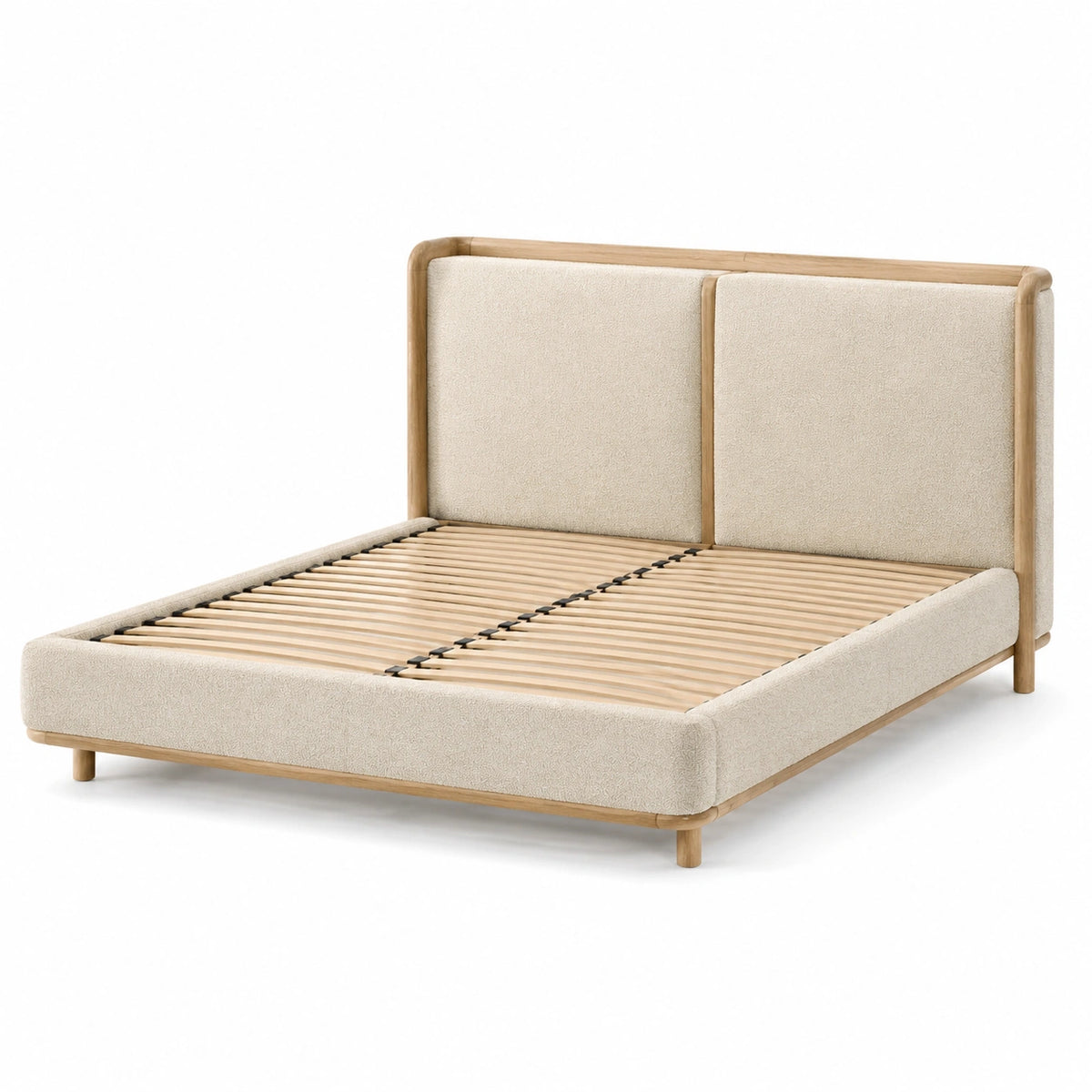 Lit double 160 × 200 cm en bois naturel et tissu bouclé beige avec sommier à lattes