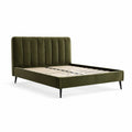 Lit double rembourré en velours vert olive avec tête de lit à canaux verticaux, 160 × 200 cm