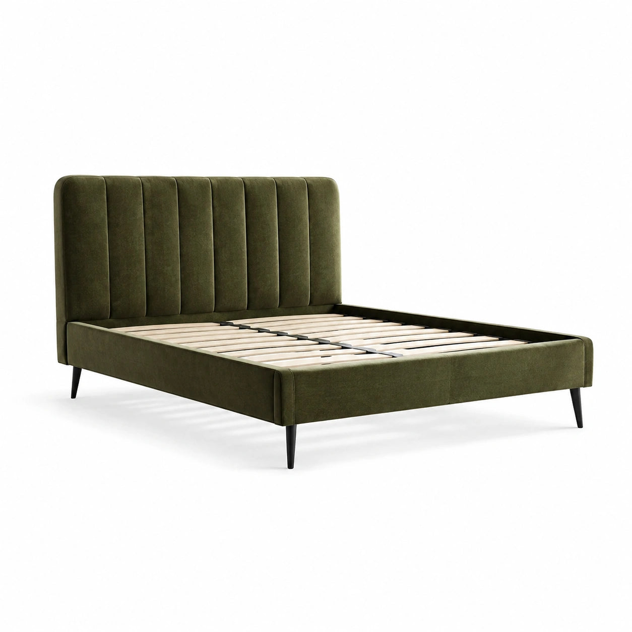 Lit double rembourré en velours vert olive avec tête de lit à canaux verticaux, 160 × 200 cm