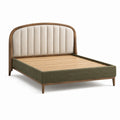 Lit double 160 × 200 cm en bois brun et tissu bouclé vert olive et crème avec tête de lit rembourrée