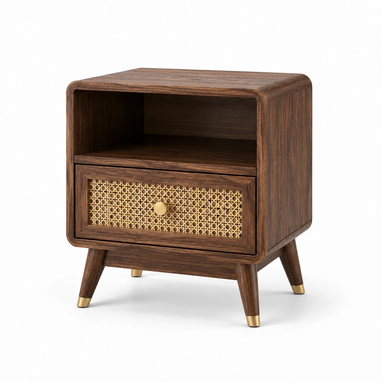 Table de chevet rétro en bois marron avec cannage beige, détails dorés, 1 tiroir et niche, 50 × 40 × 60 cm