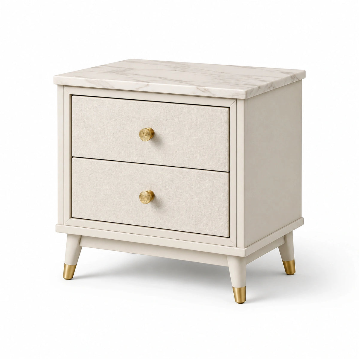 Table de chevet en bois manufacturé crème et doré avec 2 tiroirs, 55 × 40 × 60 cm