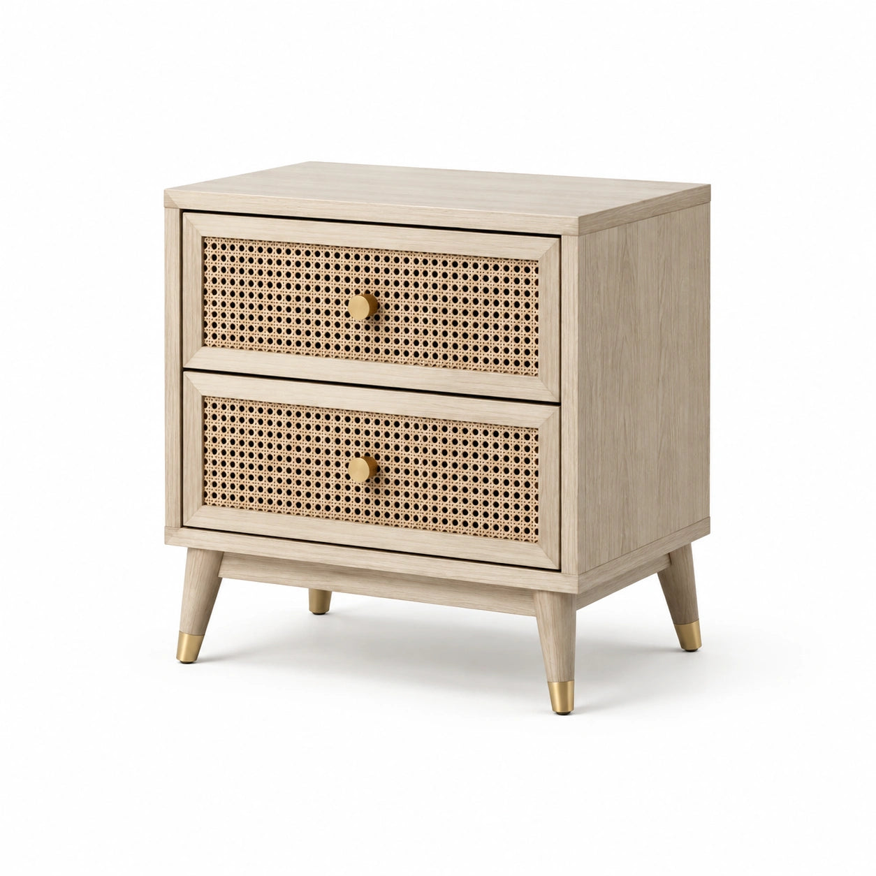 Table de chevet effet bois beige avec cannage naturel et 2 tiroirs, 50 × 40 × 60 cm
