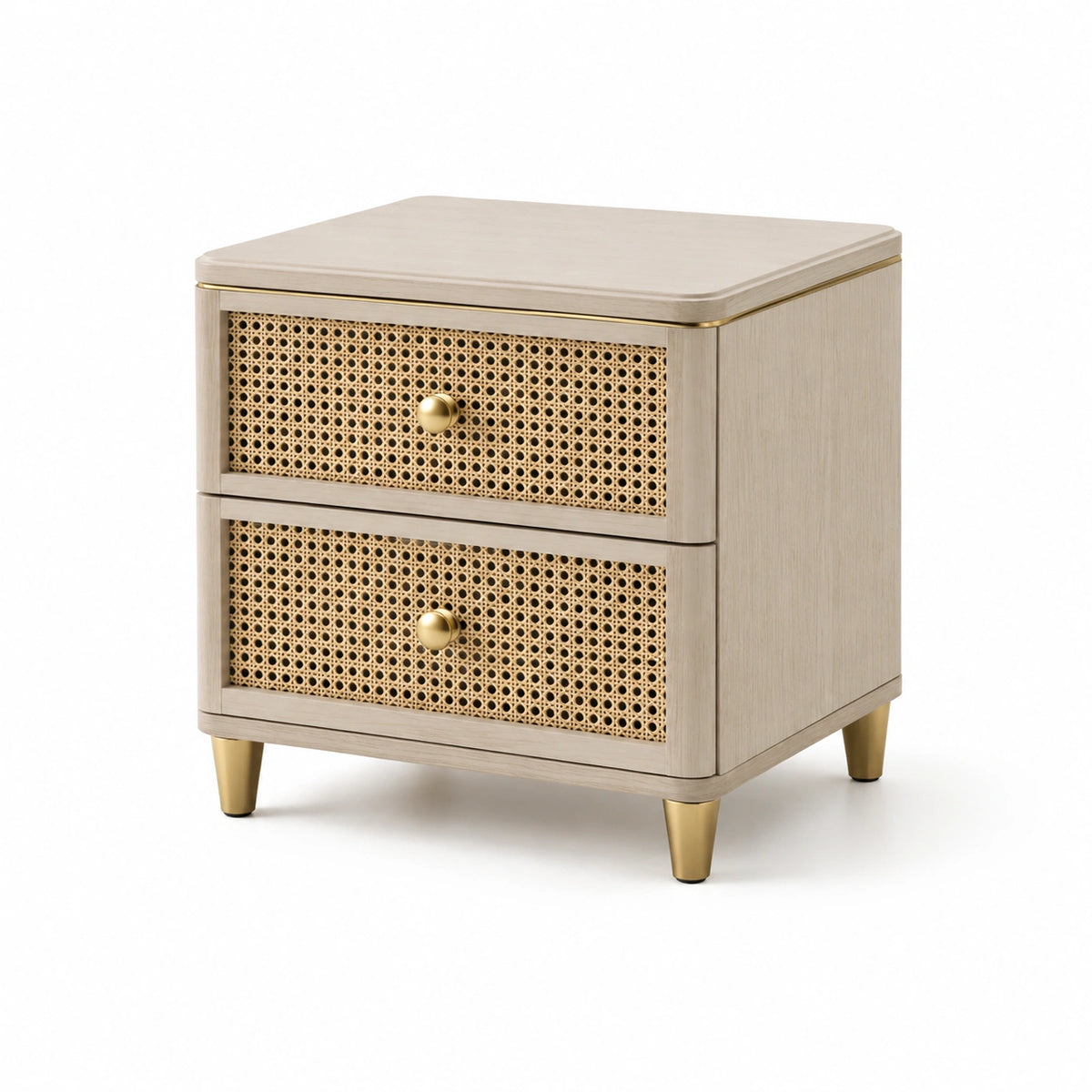Table de chevet beige en bois et cannage, 2 tiroirs et détails dorés, 50 × 40 × 60 cm