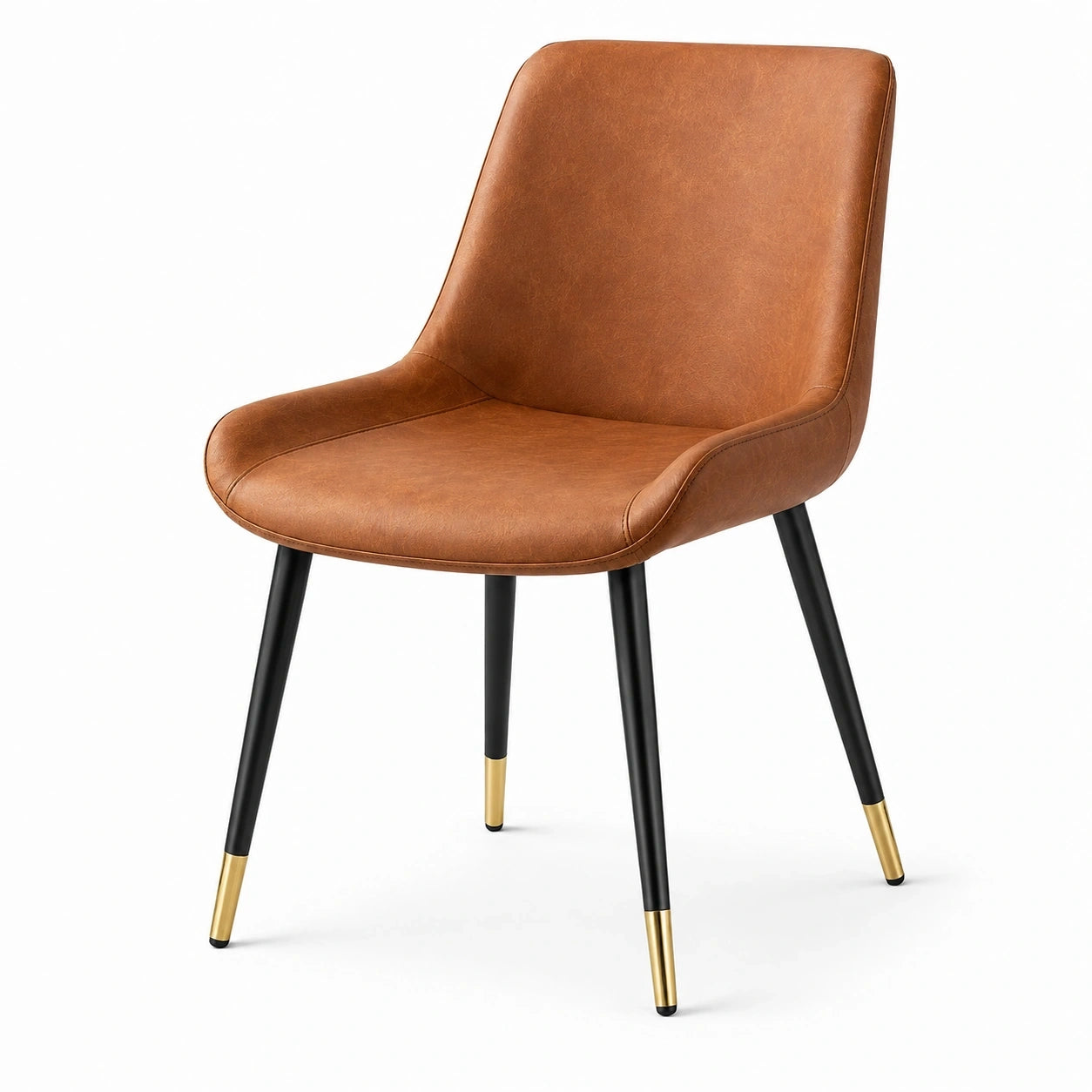 Chaise contemporaine en similicuir marron avec pieds en métal noir et doré, 54 × 58 × 82 cm