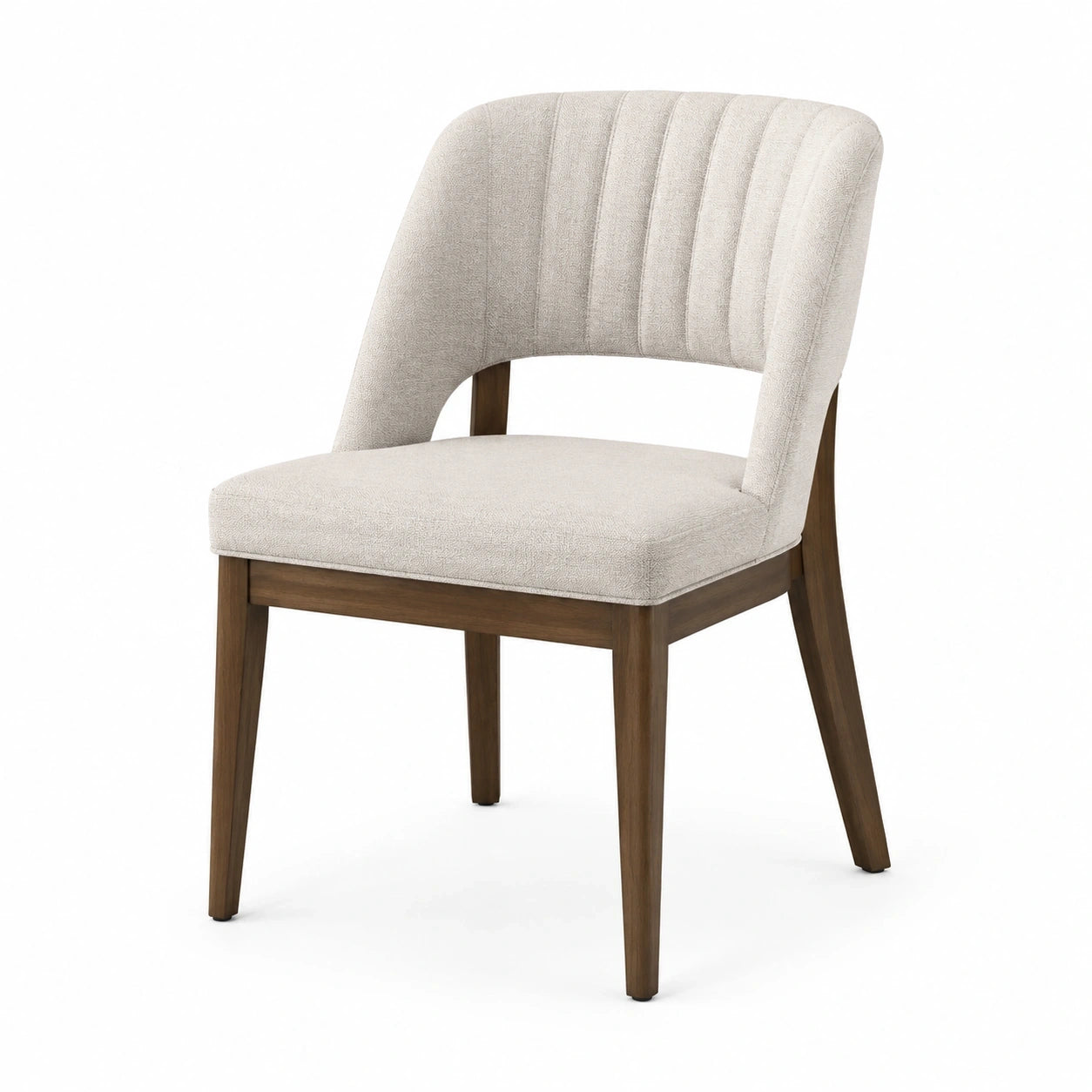 Chaise en tissu texturé beige et bois brun avec dossier cannelé, 55 × 59 × 82 cm