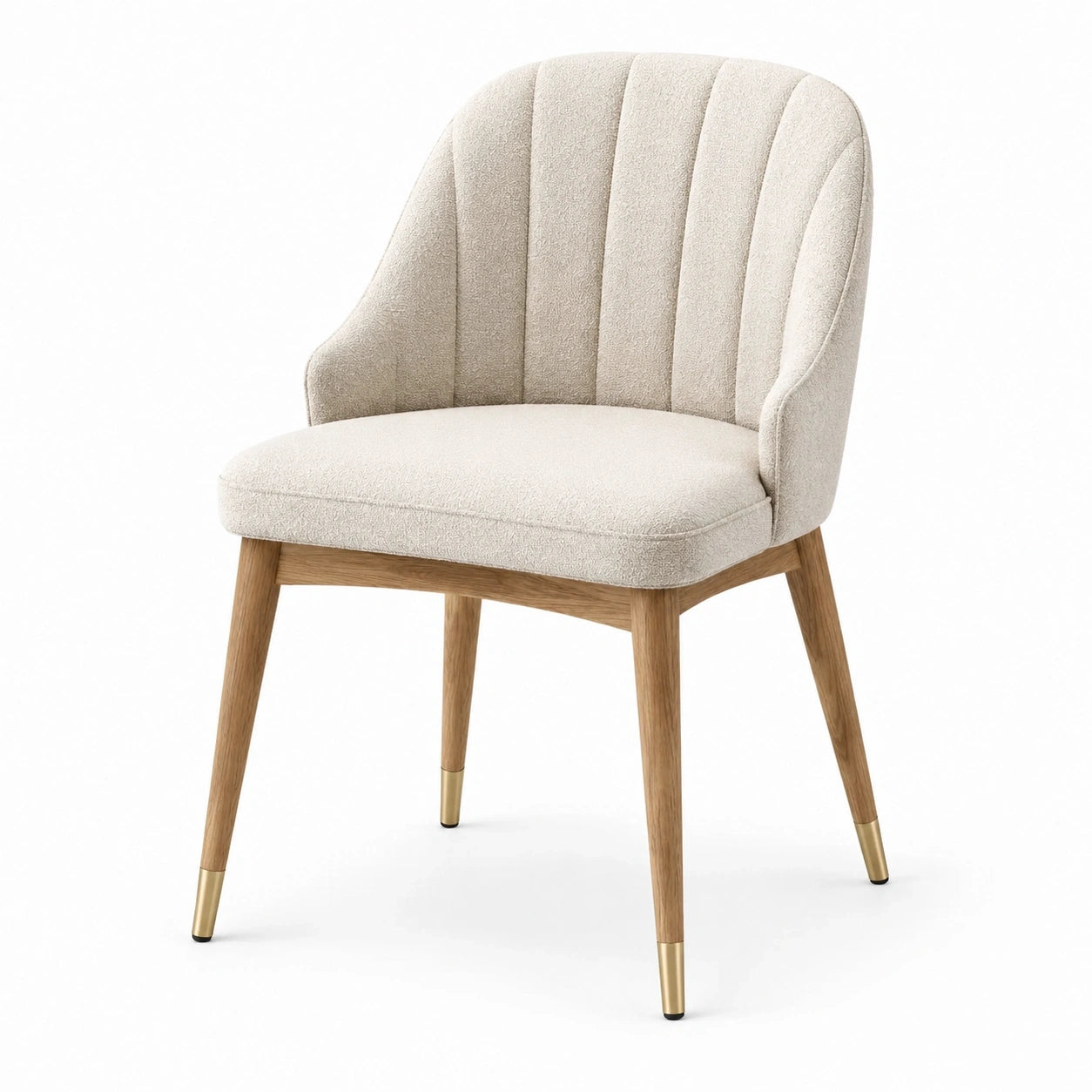 Chaise rembourrée en tissu bouclé beige avec pieds en bois naturel et finitions dorées, 62 × 59 × 82 cm